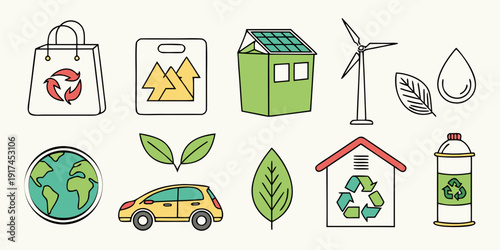 Illustration of various icons representing sustainability and eco-friendly practices.