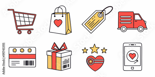 Assorted icons representing online shopping, delivery, and payment methods.