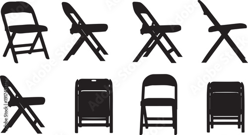 Collection of black folding chairs in various positions isolated