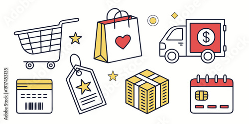 Illustrations of various shopping and delivery icons and symbols