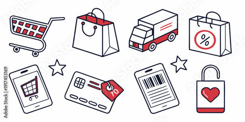 Assorted icons representing shopping, delivery, and security services