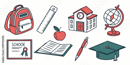 A vibrant illustration of various educational items and symbols.