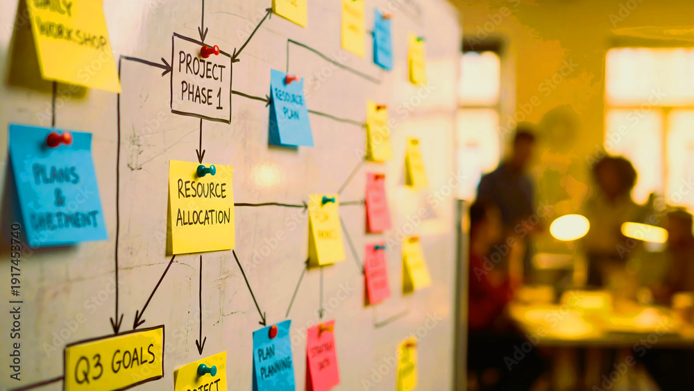 Fototapeta premium Agile Sprint Planning Workshop, Diverse Corporate Team Collaborating on Sticky Note Kanban Board for Strategic Project Roadmap and Innovation Management in Modern Office