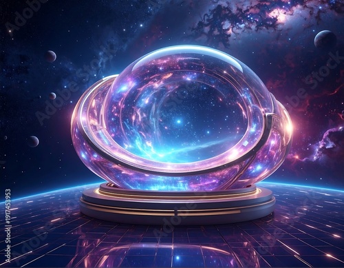 A cosmic orb sits atop a tiled platform with a nebula backdrop, glowing with purple, blue, and celestial light