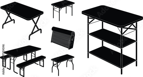 Silhouettes of portable tables, benches, and rolled mat, vector illustration for folding furniture, outdoor seating, compact living, and event design themes