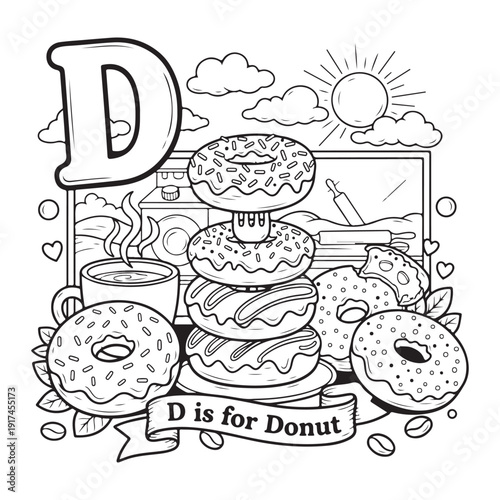 D is for Donut Food Coloring Page for Kids Black and White Line Art