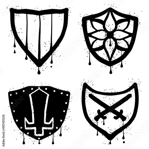 Shield graffiti with black spray paint splatter