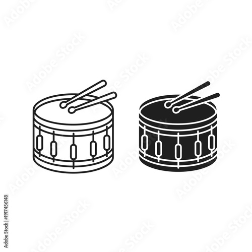 A black and white image of two drums with drumsticks Vector