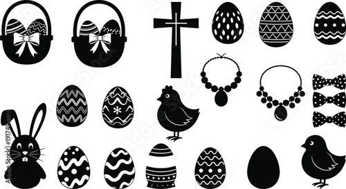 Easter themed silhouette graphics including eggs bunny chicken and cross