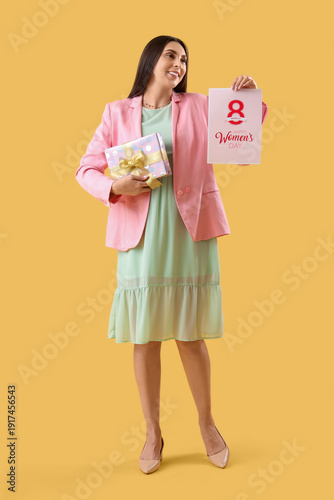 Young woman with card for I...