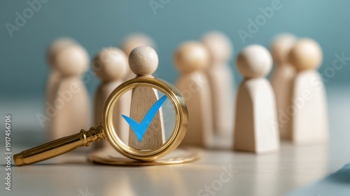 Wallpaper Mural The wooden figure under magnifying glass with blue checkmark symbolizing selection Torontodigital.ca