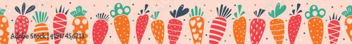 Colorful carrots  seamless vector pattern. Kawaii Easter illustration. Cute hand drawn spring holiday background for packaging, print, wrapping paper, gift, fabric, wallpaper, textile, card.