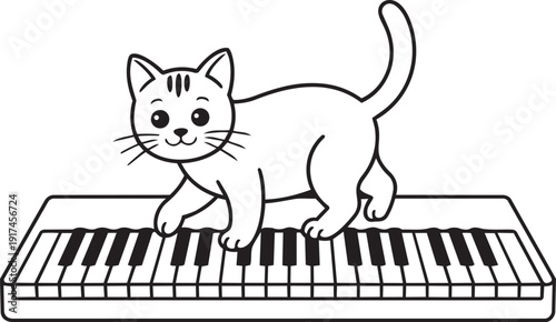 Cute cat walking playfully on a full piano keyboard silhouette black vector