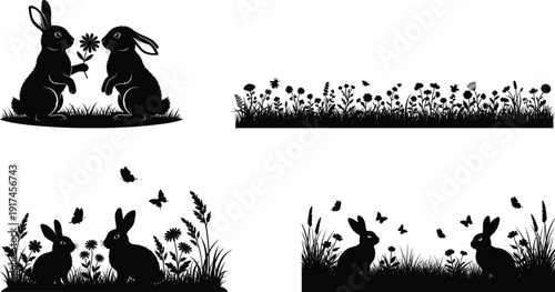 Silhouette of rabbits in a field with flowers and grass a black and white illustration