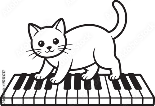 Cute cat walking playfully on a full piano keyboard silhouette black vector