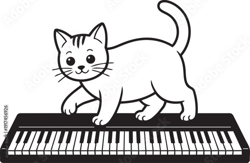 Cute cat walking playfully on a full piano keyboard silhouette black vector