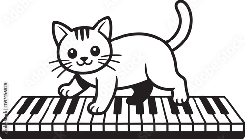 Cute cat walking playfully on a full piano keyboard silhouette black vector