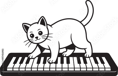 Cute cat walking playfully on a full piano keyboard silhouette black vector