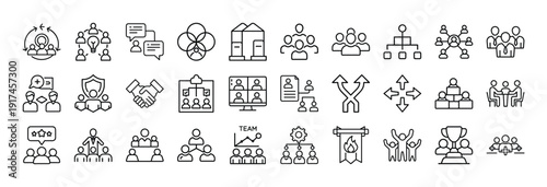 Collection of simple line icons representing teamwork and collaboration concepts