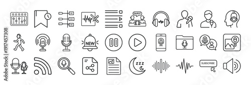 Collection of simple line icons related to podcasting and audio content creation