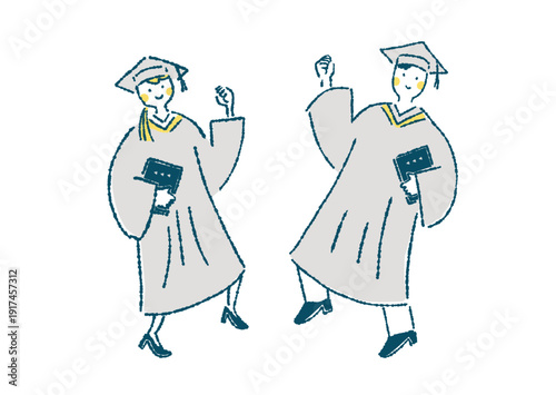 アカデミックガウンを着て楽しげにガッツポーズする男女のイラスト