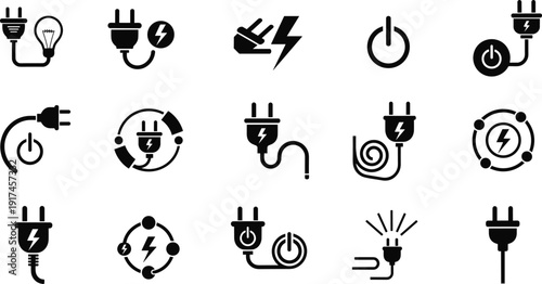 Electric plug and power button icon set isolated on white background, electricity energy symbol collection
