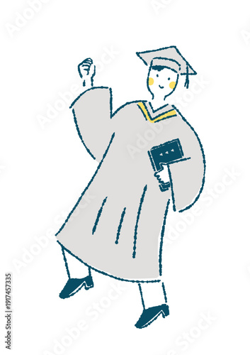 アカデミックガウンを着て楽しげにガッツポーズする男性のイラスト