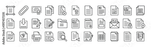 Collection of various document and file type icons in black outline