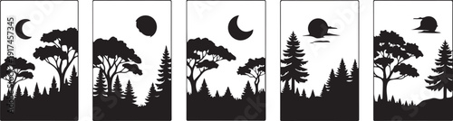 Five distinct black and white forest scenes with different moon phases and weather conditions isolated on white background