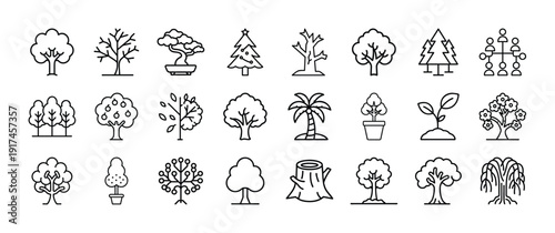 Collection of various simple tree and plant illustrations in black outline