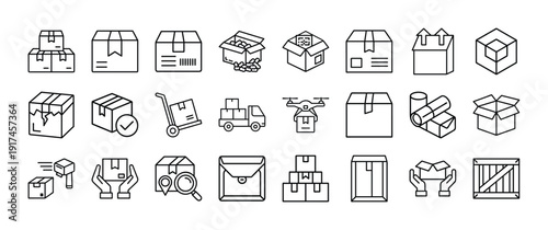 Collection of simple line icons representing shipping and packaging