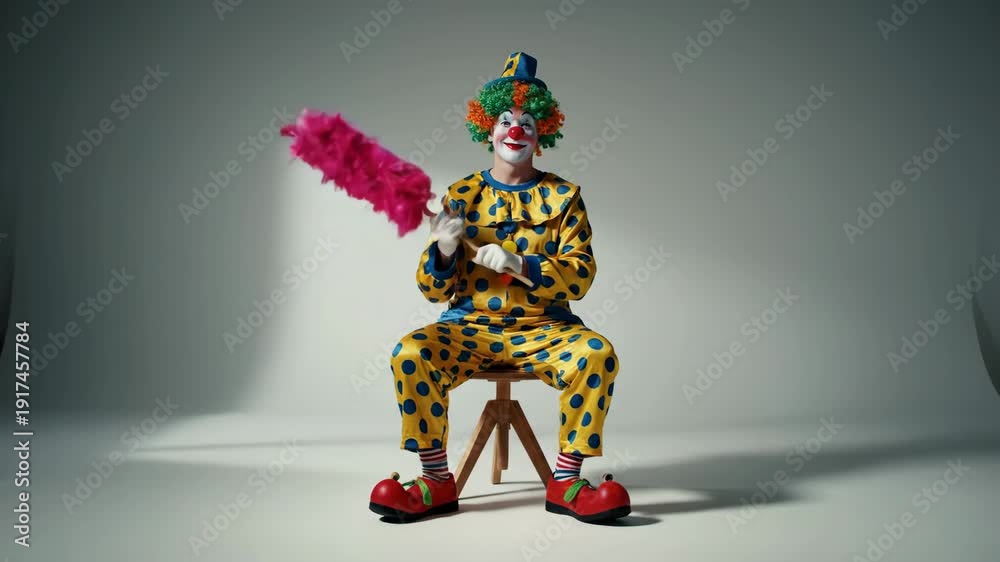 custom made wallpaper toronto digitalA cheerful clown in a colorful polka dot costume sits on a stool, playfully waving a pink feather duster.