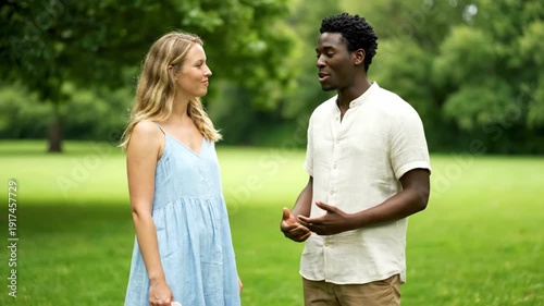 Wallpaper Mural A cheerful blonde woman and a smiling Black man engage in friendly discussion outdoors in nature Torontodigital.ca