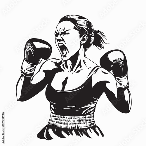 Emotional Female Boxer Yelling Shouting Fighting Vector Illustration
