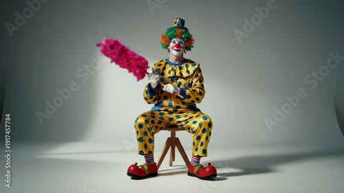 Wallpaper Mural A cheerful clown in a colorful polka dot costume sits on a stool, playfully waving a pink feather duster. Torontodigital.ca