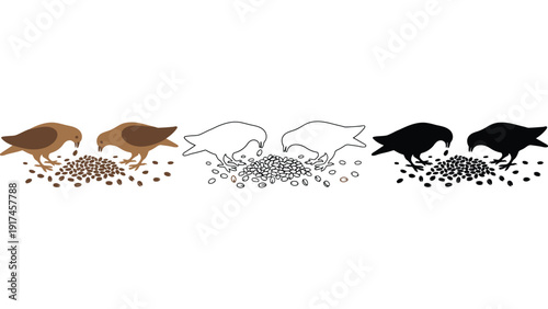 Three different styles of birds eating seeds from a pile.