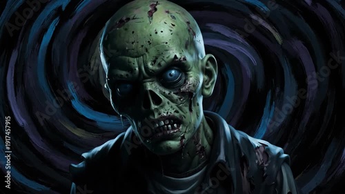 Wallpaper Mural A chilling close-up of a zombie's face, featuring decaying skin, glowing blue eyes, and a dark, hypnotic background, perfect for horror themes. Torontodigital.ca