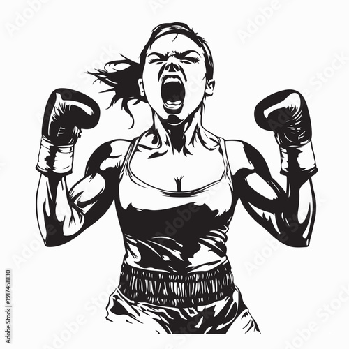 Emotional Female Boxer Yelling Shouting Fighting Vector Illustration