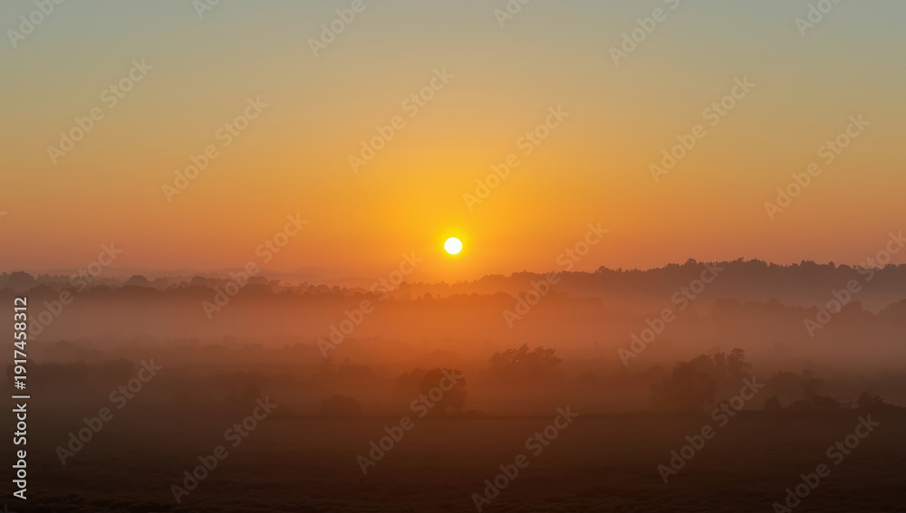 Naklejka premium Golden sunrise over misty rural landscape with soft haze and distant trees