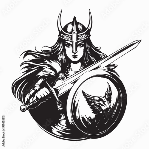 Medieval Female Viking Warrior Vector on White Background