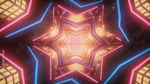 Retro disco light star background neon pink glow energetic geometric pattern club party dance tunnel atmosphere colorful abstract music scene loop