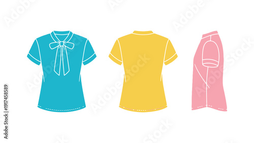 Three different styles of women's blouses are displayed.
