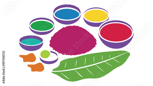A collection of colorful powders and a green leaf are arranged in a circular pattern.
