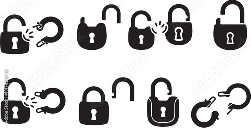 Black and white padlock and key icons set isolated