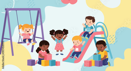 Children playing on a colorful playground.