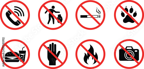 Set of prohibition sign icons including no phone, no smoking and no food isolated on white background