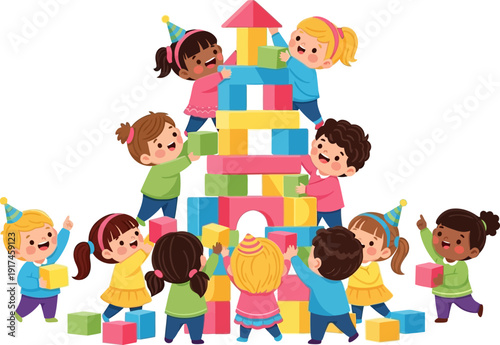Children building a colorful block tower.