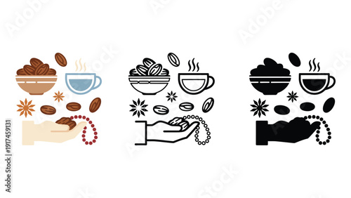 A hand holds prayer beads next to dates and a cup of coffee.