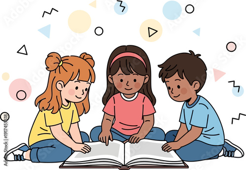 children reading a book together outdoors.