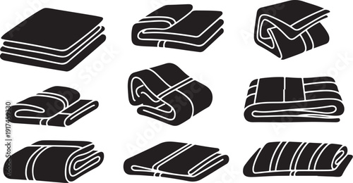 Various folded black towels on white background illustration set